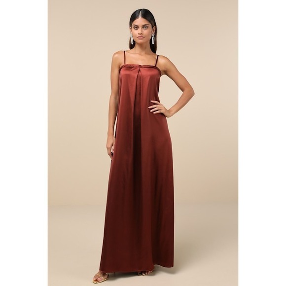 Lulus Modern Poise Rust Red Satin Pleated Sleeveless Maxi Dress - Size S - Picture 1 of 1